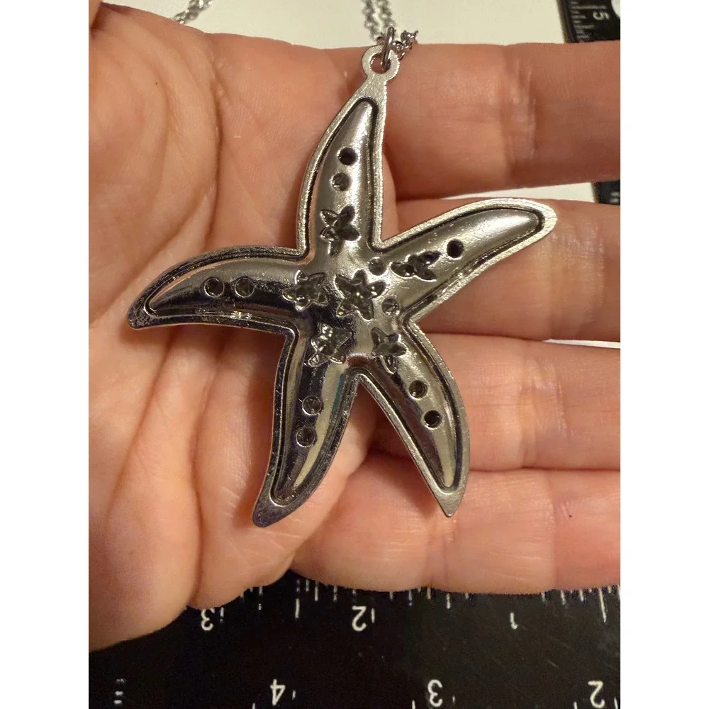 Silver Tone Ombre Rhinestone Starfish Pendant Necklace Blue Green Yellow Crystal